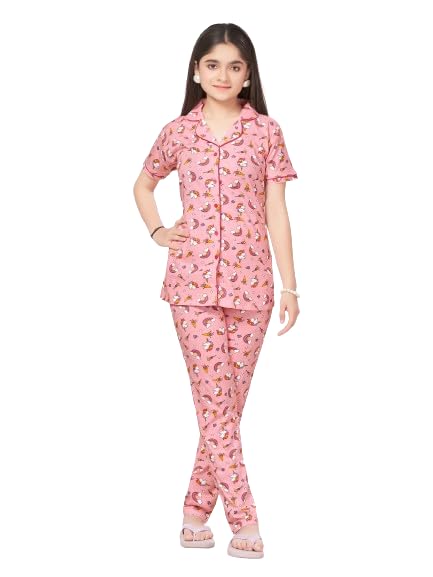 Cotton Trendy Printed Night Suit for Girls with Elegant Design | Super Soft Comfortable Night Dress | Shirt & Pyjama Set (Pink)