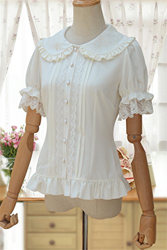 Women's Sweet Lolita Shirt Short Puff Sleeve Flower Embroidered Peter Pan Collar White Ruffle Blouse, Large Plus2