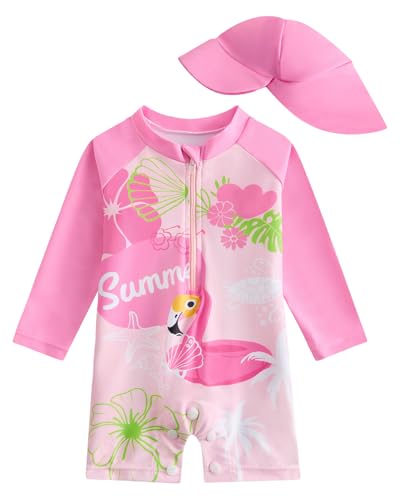 WYTbaby Traje de baño para bebé niña de manga larga con protector de erupción y gorro, de una pieza, con cremallera frontal, traje de baño para niño pequeño con protección solar, Rosado Flamingo, 12
