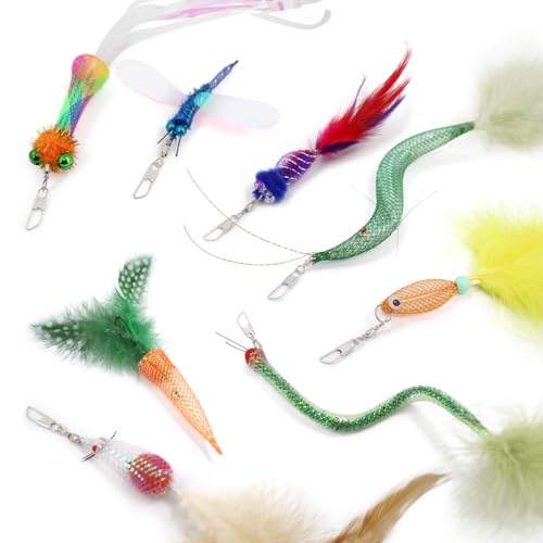 SONGWAY Cat Toy Wand Attachments - 8 Pieces Carrot Shrimp Mouse Fish Worm Dragonfly Cat Feather Toy Refills Interactive Elastic Mesh Cat Toys for Indoor Cats Kittens