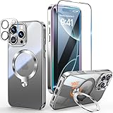 【三重保護セット！上品なメタリック光沢】OYR iPhone 16 Pro Max 用 クリア ケース Magsafe 対応[360°回転CD スタンド・10 万回開閉テスト][メッキバンパー・iPhone専属色][カメラ保護とガラスフィルム付き]ストラップホール付き マグセーフ アイホン16プロマックスケース マホケース16 Pro Max 米軍MIL規格取得・耐衝撃(6.9"チタングレー)