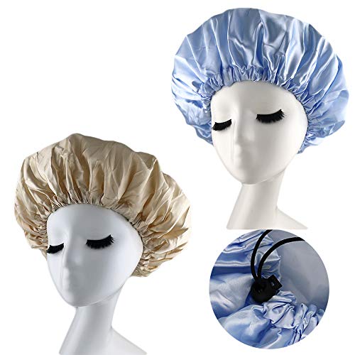 Cospack Satin Lined Adjustable Shower Caps WhaterProof Double Layers Large For Women Long Hair Reuseable 2ct (Blue+Khaki)