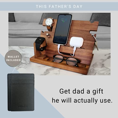Eterluck Wooden Docking Station Men, Nightstand Organizer Bundle W/ Rfid Blocking Leather Wallet - Charging Station, Cell Phone Stand, Tablet Stand, Husband Gifts From Wife, For Dad - Walnut #TOP1