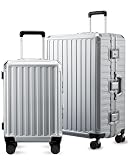 Luggage Sets with Spinner Wheels, 8010S Aluminum Frame Zipperless Polycarbonate Hard Shell Suitcase Sets (ZX-Core, Silver, 2 Piece (20/28))