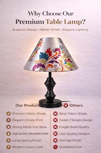 Image of tu casa Modern Table Lamp with Crimson Floral Satin Shade | Metal Iron Base Decorative lamp for Living Room| Decorative Lighting for Living Room,Designer Table Lamp for Gifting (Vivid Petal Fusion)