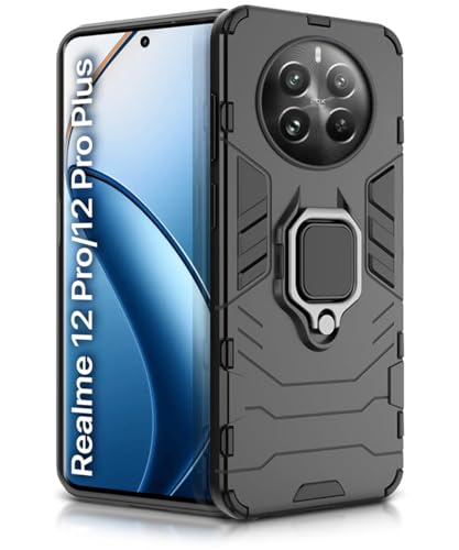 Image of WOW IMAGINE Shock Proof Back Case Mobile Cover for Realme 12 Pro 5G | Realme 12 Pro Plus 5G | P1 Pro 5G | Back Cover Case (Tough Armor | Hybrid PC + TPU | Ring Holder & in-Built Kickstand | Black)