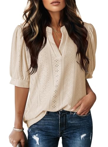Image of Dokotoo Womens Blouses V Neck Puff Short Sleeve Business Casual Tops