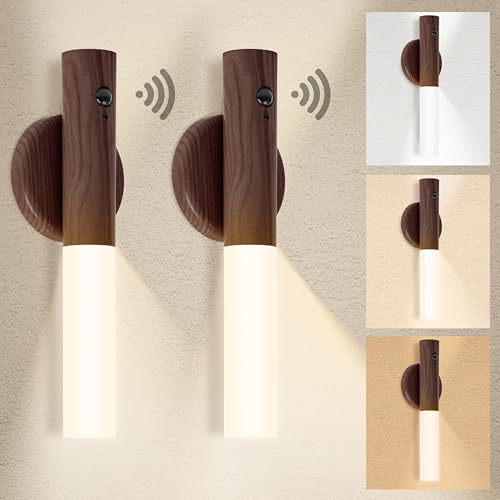 PANTIDE Motion Sensor Night Light - 2 Pack Rechargeable Body Sensor Walnut Wood Wall Light Indoor Battery Operated Portable Removable Magnetic Wireless Stick on wall Lamp for Staircase Hallway Closet