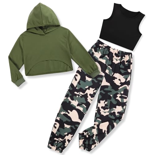 Zupora Girls 3 Piece Outfits Long Sleeve Hoodie Sweatshirt Crop Tank Sweatpants Set Athletic Sports Dance School 6-14
