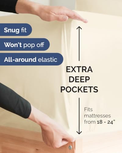 Image of Extra Deep Flex Top Split Head King Fitted Sheet - Hotel Luxury Single Fitted Sheet Only - Easily Fits 18 inch to 24 inch Mattress - Ultra Soft, Wrinkle Free w /Extra Deep Pockets - Off White