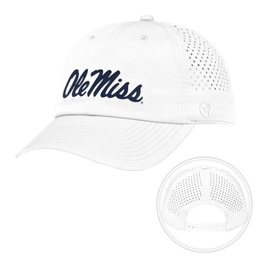 Desert Cactus University of Mississippi Snapback Baseball Hat, Ole Miss Rebels Unstructured BreezePro Performance Hat with Adjustable Silicone Strap (Design BP1-White)