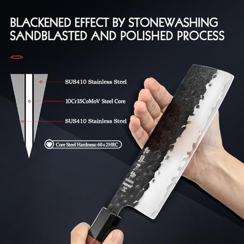 HEZHEN Coltello Nakiri, Stile Giapponese Coltello a Mannaia, Multiuso Coltello da Cuoco Asiatico Per Affettare Carne e Tagliare Verdure, Manico Ergonomico Ottagonale in Legno di Sequoia - immagine 5