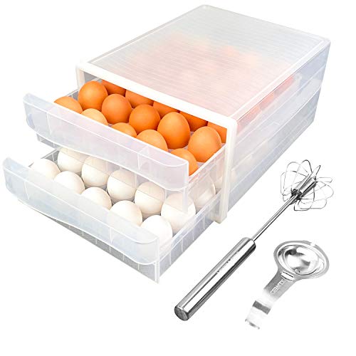 SQUAREBOX Egg Storage Drawer Container for Refrigerator &ndash; Includes Premium Egg Drawer with Egg White Separator and Semi-Automatic Egg Whisk &ndash; Durable Sturdy Compact and Space-Saving Egg Storage Box