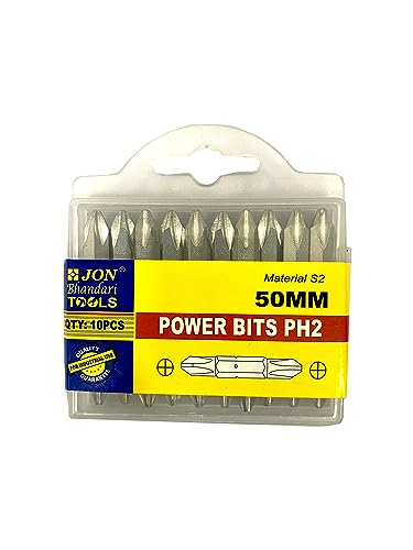 Image of Jon Bhandari Tools PH2 Power Magnetic Double Ended Screwdriver Bits 50mm - Phillips Star Head Drill Bit Set (Pack of 10) for Electric, Cordless & Impact Drivers - Precision Tips for Fastening Work