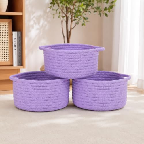 Image of Small Woven Cotton Rope Baskets with Handle, Set of 3, Purple | Boho Round Design, Bathroom Organizer, Safe for Kids & Pets, Chemical-Free Cotton, Multi-Room Storage