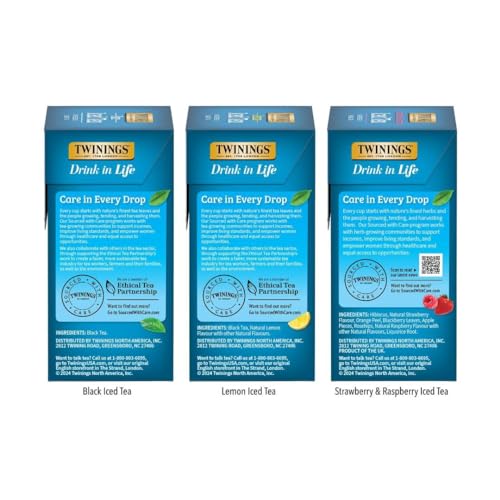 Image of Twinings Iced Tea 3- Pack Variety Bundle, Tea Bags, 72 CT Box (3 Pack) | Unsweetened Black, Lemon Black, and Herbal Strawberry & Raspberry Assortment, 216 Bags Make 54 Pitchers or 432 Servings