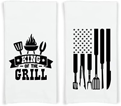King of the Grill - Grilling Tools Flag - Set of 2 Towels with Hanging Loop - 100% Cotton Flour Sack Towels - BBQ Father's Day Gift Idea for Men Dad