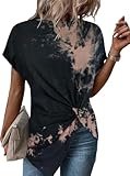 Remidoo Women's Asymmetrical Hem Round Neck Short Sleeve Twist Knot T Shirt Top Tie Dye Brown X-Large
