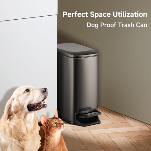 Image of TIPGO Small Bathroom Trash Can with Lid, 1.6 Gal, Soft Close, Black Gold | Foot Pedal, Soft Quiet Lid, 5.9'' Slim for Narrow Space, Stainless Steel, Anti-fingerprint, Removable Inner Bucket, Odor Seal