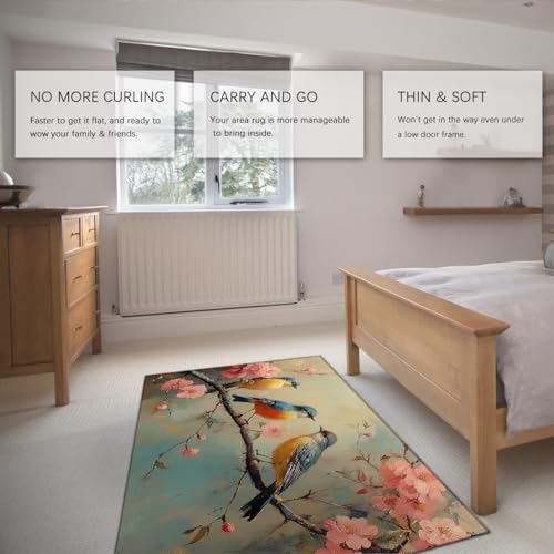 Tapis élégant oiseaux et branches de cerisier 160x230cm aux finitions haut de gamme