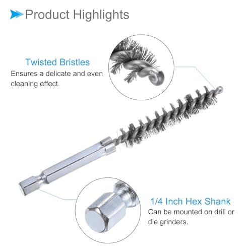Image of Bore Brush Set, 8mm 10mm 12mm 15mm 17mm 19mm Dia, 304 Stainless Steel Twisted Cleaning Wire Brushes with 1 /4 Inch Hex Shank - (Applications: for Power Drill), 6-Pieces