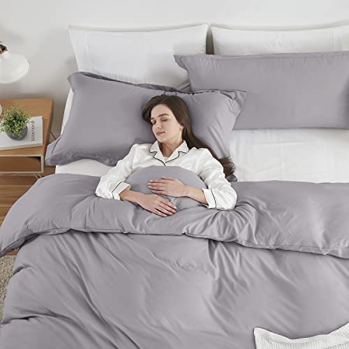 Image of Hearth & Harbor Grey Lavender Duvet Cover King Size, 3 Piece Bedding Set | Soft Double Brushed Bedding Set, Button Closure, 1 Duvet Cover 104x90 Inches, 2 Pillow Shams