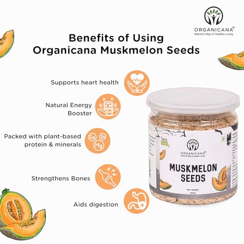 Image of Organicana Natural Muskmelon Seeds 250g (Pack of 1) | Kharbooj Magaj | Kharbhuja Beej for Eating | High in Protein, Potassium, Magnesium & Iron | Immunity Booster Superfood | Healthy Snack, Topping and Cooking Use
