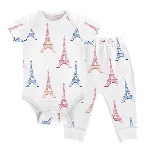 vvfelixl Colorful Eiffel Tower Baby Bodysuits Set,Baby Layette Sets Unisex Short Sleeve Babys Pants Sets 6-9M