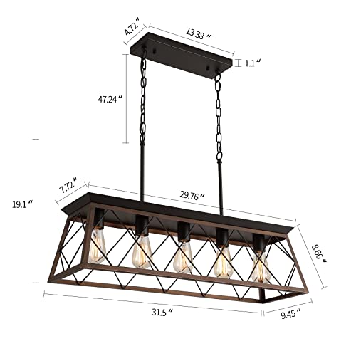 Q&S Farmhouse Rustic Chandelier Light Fixtures Bronze 5 Lights Linear Rectangular Chandelier Pendant Light Fixtures For Dining Room Kitchen Island Pool Bar Office Living Room Entryway Ul Listed #TOP2