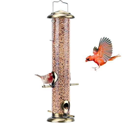 Kingsyard Metal Bird Feeders for Outside Hanging Extra Thick Tube Bird Feeder w/ Steel Hanger amp 4Port 15 inch ChewProof Weather and Water Resistant Brushed Bronze