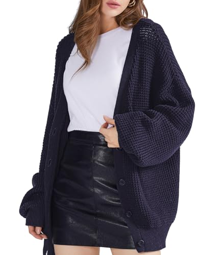 Image of QUALFORT Women's Oversized 100% Cotton Cardigan Sweater | Long Sleeve V Neck Button Down Open Front Knit Outerwear