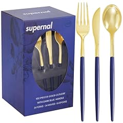 102PCS Gold Plastic Cutlery with Dark Blue Handle