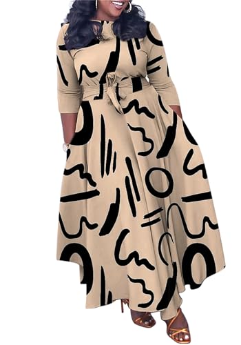 Casual Floral Print Plus Size Maxi Dress for Women 3/4 Sleeve High Waist Flowy Ruffle Fall Dresses with Belt