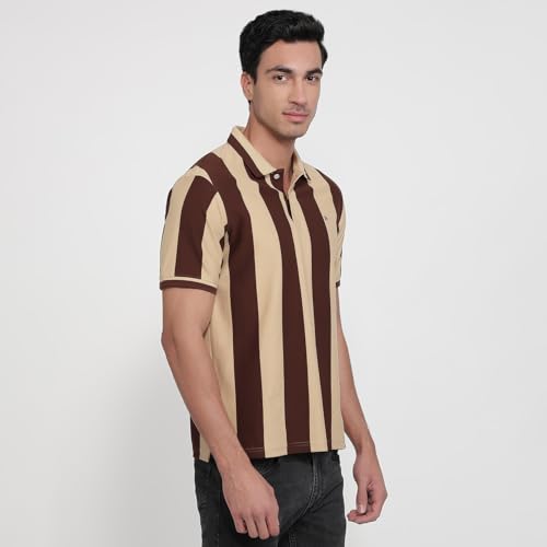 Image of Raymond Men Modern Fit Stripe Pattern Pure Cotton Polo Neck Half Sleeve Casual T-Shirt