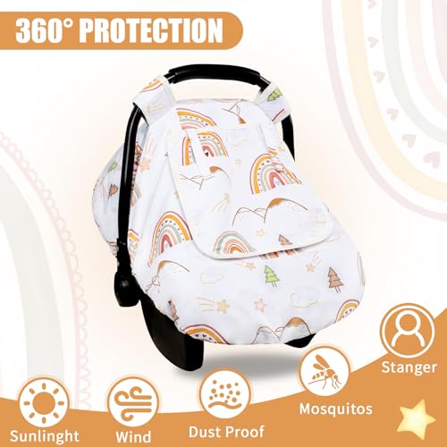 Image of Car Seat Covers for Baby, Winter Baby Car Seat Cover with Peep Mesh Window, Windproof Infant Car Seat Canopy for Girls Boys, Machine Washable, Rainbow Star