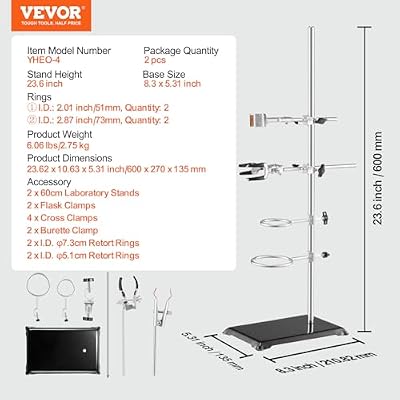 VEVOR Laboratory Support Stand Sets, Set of 2, Steel Lab Stand with 23.6 in Rod and 8.3 x 5.3 in Cast Iron Base, Includes Flask Clamps, Burette Clamps, and Cross Clamps