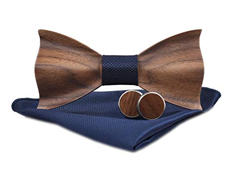 Secdtie Pre-Tied Wood Bow Ties Set for Men Big Boys with Matching Pocket Square Cufflinks Lapel Flower Brooch Set Gift Box, Set 18, One size