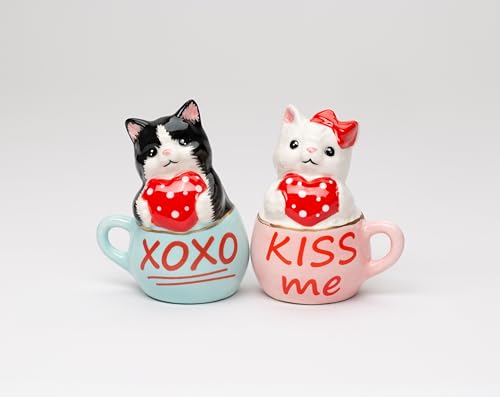 Fine Ceramic Valentine Teacup Love Cats Salt & Pepper Shakers Set, 3-1/8" H