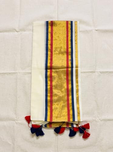 Image of Women's Mul Cotton Saree with Tassels | Soft Mulmul Saree | Woven Stripes & Zari Line | 5.5 Metres - Without Blouse