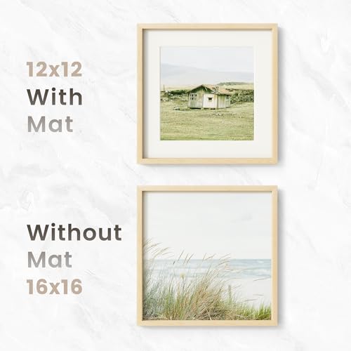 Image of 16x16 Picture Frame, USA-Sourced Natural Maple Wood Photo Collage Frame with HD Tempered Glass, Modern Simple 16 x 16 Wooden Frame Matted to 12x12, Gallery Wall Frames for Art