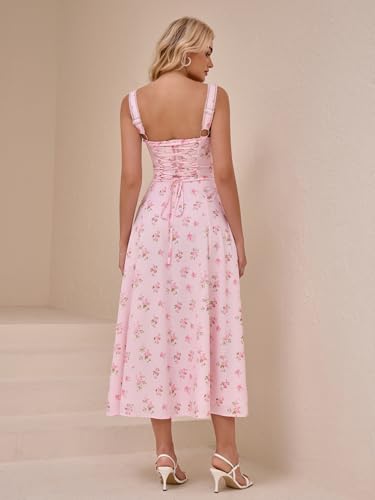 KUTUMAI Floral Corset Midi Dresses for Women 2025 Lace Up Flowy Summer Wedding Guest Dress with Pockets3