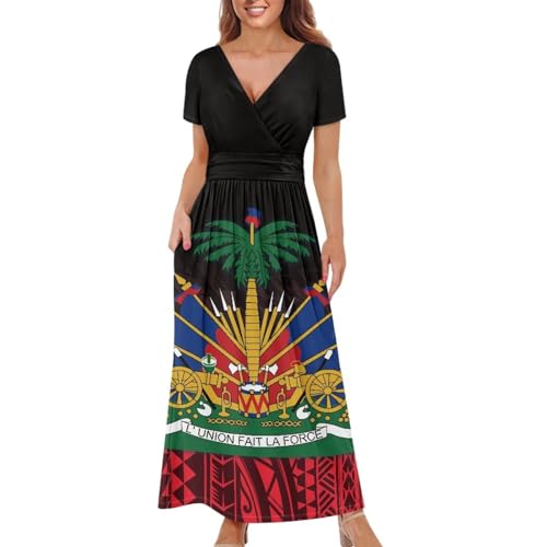 Image of Women's Fall Summer Short Sleeve Ankle Length V-Neck Party Dress with Pockets Size S-3XL