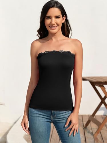 H HIAMIGOS 2 Pack Strapless Tube Tops for Women Lace Bandeau Top Long Ribbed Full Length Top No Bra2