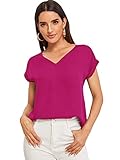SweatyRocks Women's Chiffon Short Sleeve V Neck High Low Hem Blouse Shirt Tops Hot Pink XL