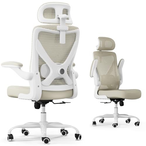 Ergalithic Office Chair - Ergonomic Office Chair Home Office Desk Chair - Gaming Chair Computer X-Shaped Chair Mesh with Adjustable Lumbar Support with Headrest Flip-Up Arms for Long Hours (Beige)
