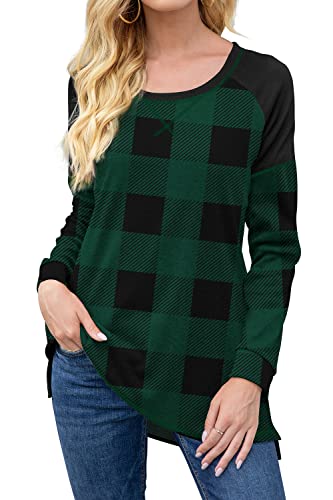 AYIFU Womens Long Sleeve Tunic Tops Casual Side Split Color Block Shirts (Black-Green Plaid, L)