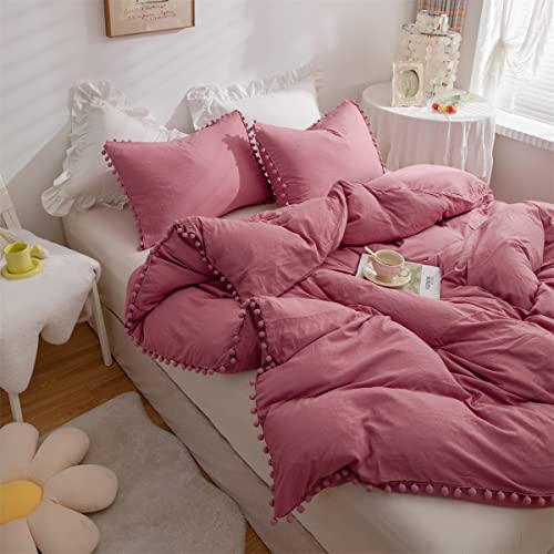 Ihoustriy Kid's Duvet Cover Twin Size,100% Washed Microfiber 2Pcs Girl Bedding Duvet Cover Set, Pom Poms Fringe Solid Color Soft And Breathable With Zipper Closure & Corner Ties (Dusty Rose, Twin) #TOP5