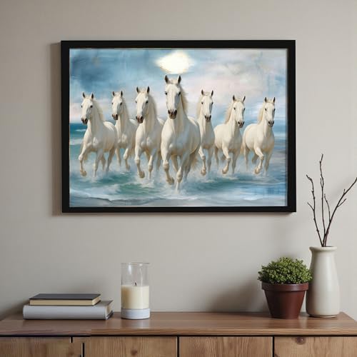 Image of 7 White Running Horses Vastu Framed Wall Art Painting for Living Room| Symbol of Success, Purity & Positive Energy Seven Horse Painting With Frame for Home & Office, 17x23 Inch