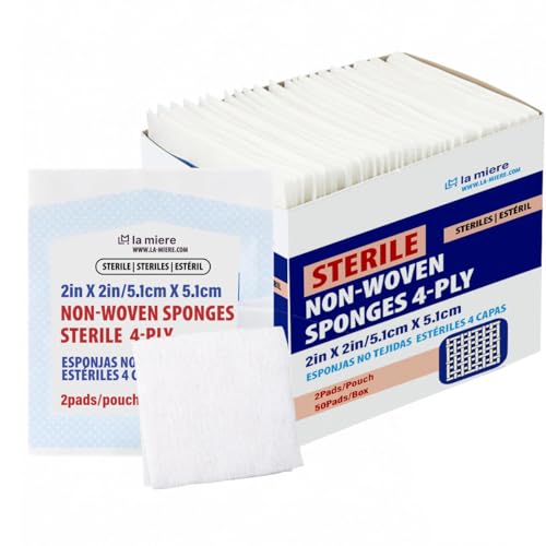 LA MIERE 50-Pack Esponjas Estériles 2x2, Envueltas Individualmente — 4 Capas No Adherentes No Tejidas, Sin Látex y Absorbentes para Vendajes, Cortes y Piel Sensible miniatura 1