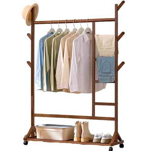 JS Ellie Perchero de bambú Independiente con Ruedas para Colgar Ropa, Pantalones y Sombreros, Perchero portátil Multifuncional con Ruedas y estantes, Adecuado para Entrada, Dormitorio y Pasillo